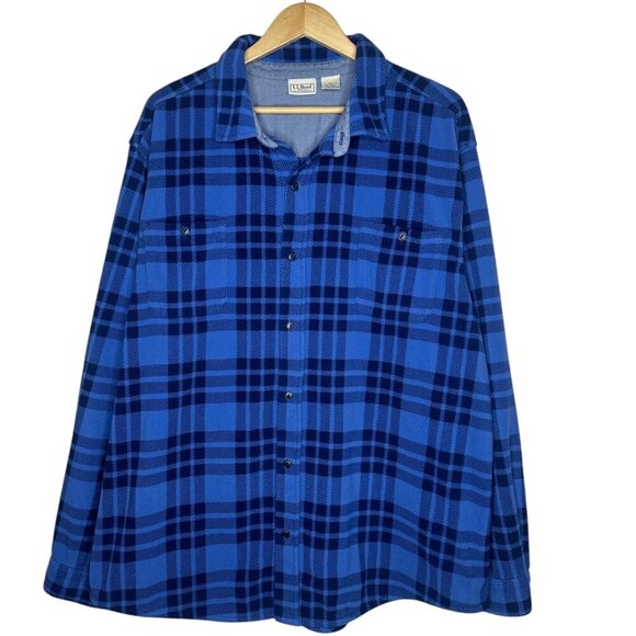 LL Bean Men’s Fleece Check Plaid Shirt in Blue Size XXL - Picture 1 of 6